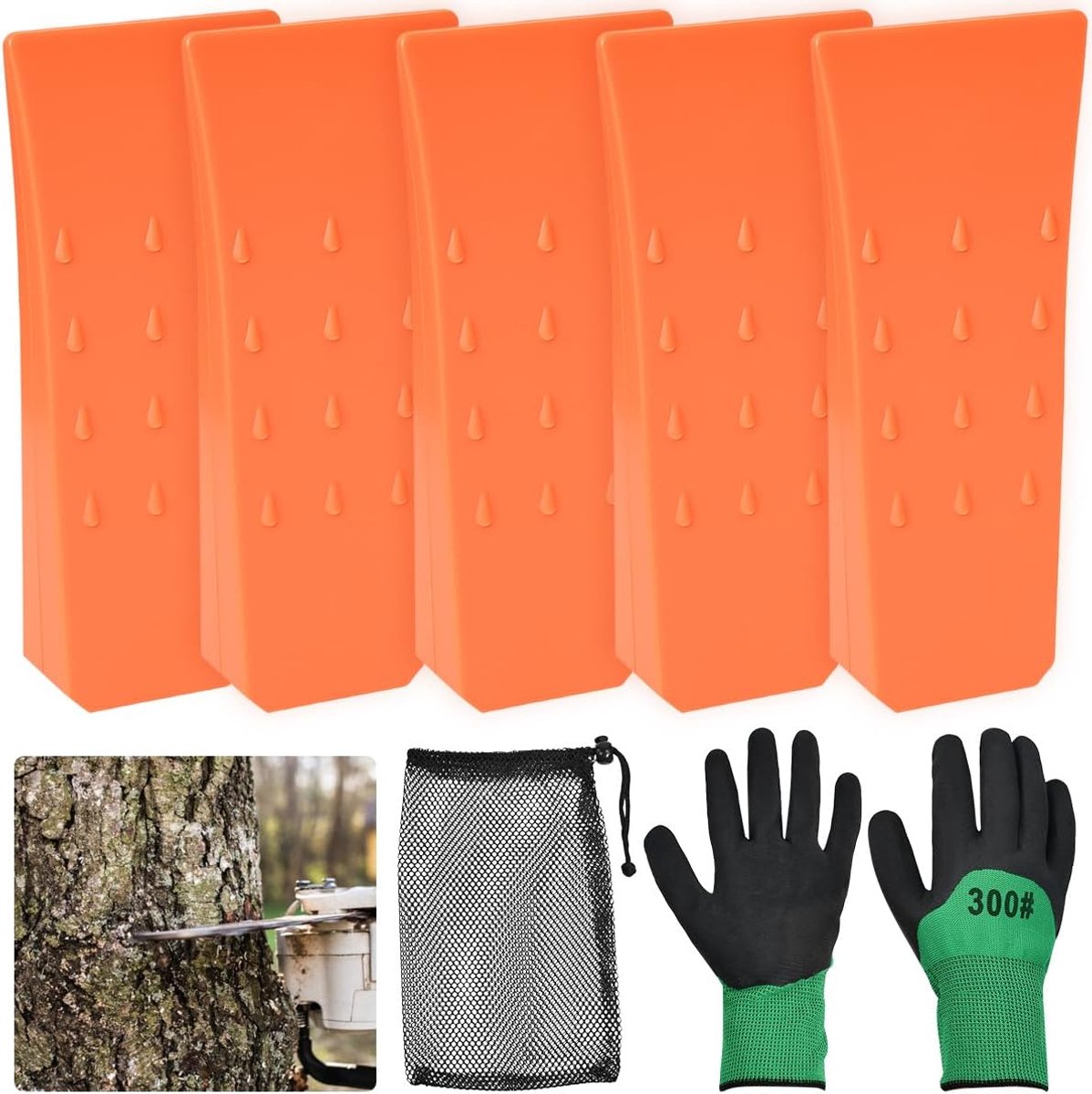 5 stuks ABS Schachthoeken voor kettingzagen, antislip, wiggen voor tuinieren, 15 cm, boswiggen van kunststof, met handschoenen en opbergtas