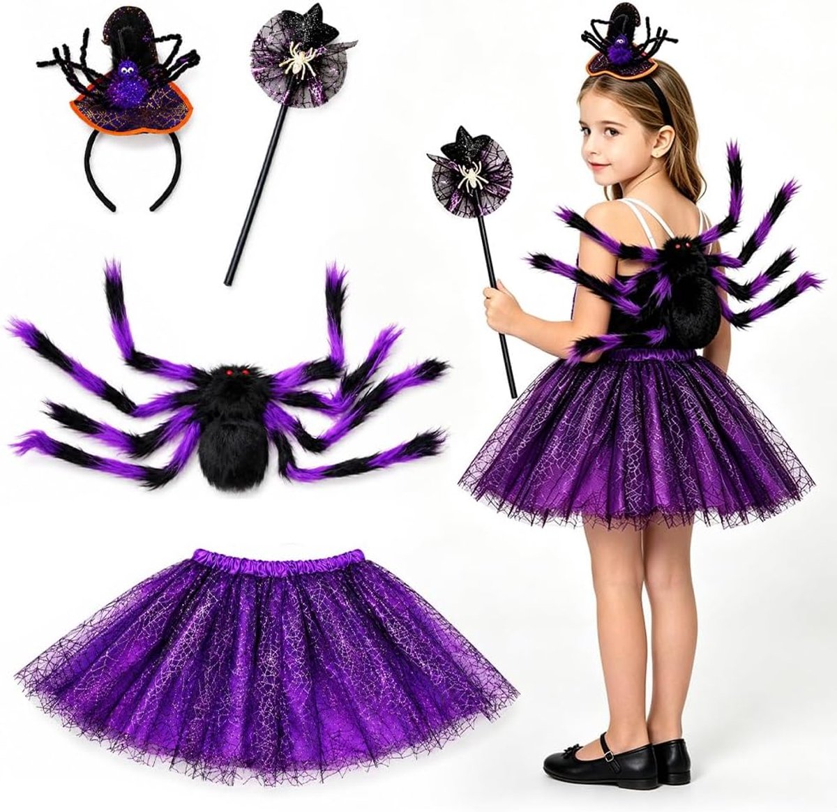 Spider-kostuum voor meisjes, Spider-jurk voor meisjes, Spider-kostuum voor Halloween met tutu, rok, spinnenrugzak, toverstaf en haarband voor Halloween, carnaval, cosplay party