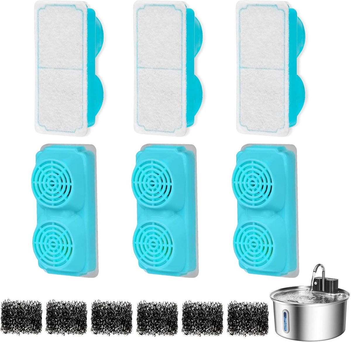 3,2 l kattenfonteinfilter, 12 stuks filters voor kattenfonteinen, 6 reservefilters en 6 sponzen, compatibel met VinDox NautyPaws 3,2 l kattenfontein, roestvrij staal, draadloos