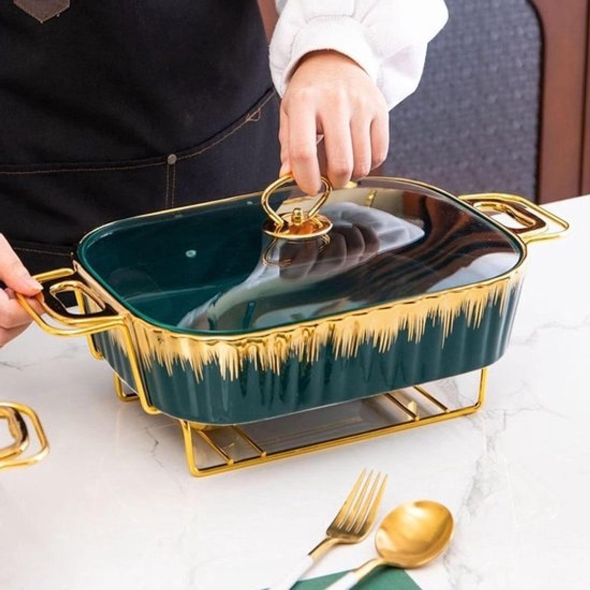 Buffet Server Set - Voedsel Warmer - Feestelijk Dineren - Keramische Pot - 1.5 Liter - Groen