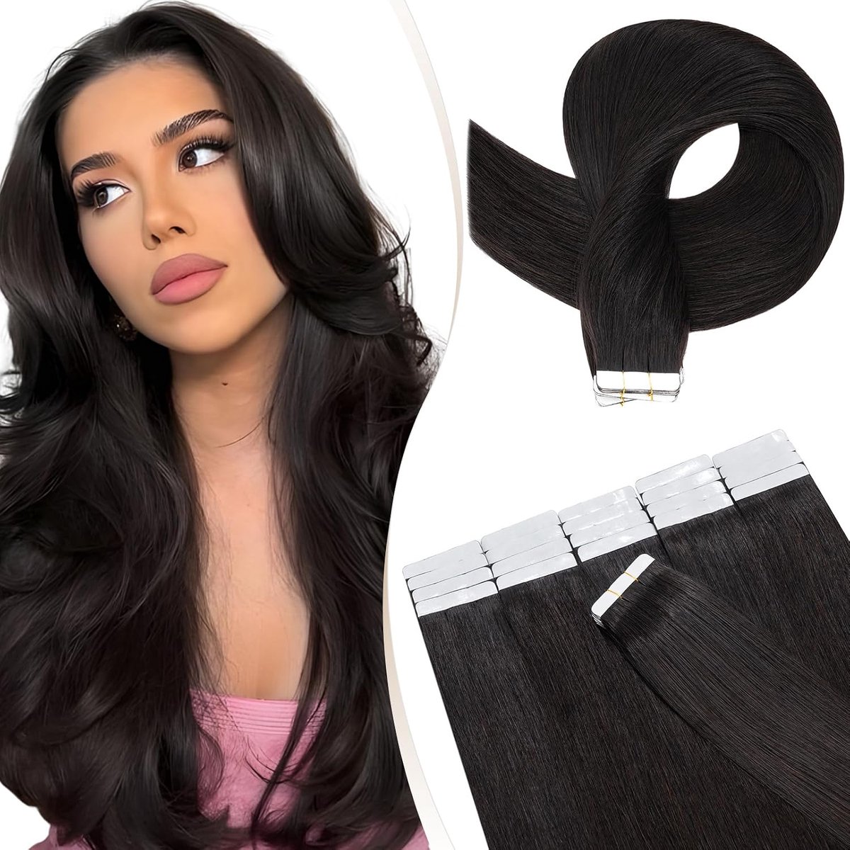 Tape-in extensies, haarverlenging, onzichtbare tape-extensies, echt Remy-haar, 20 stuks, 30 g, tape-in extensies, glad, #1B natuurlijk zwart, 45 cm
