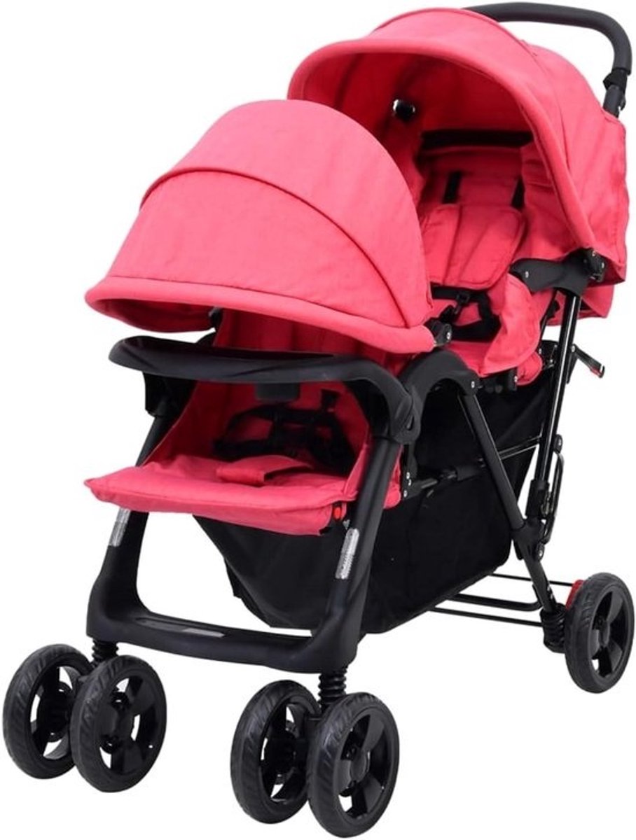 Dubbele Kinderwagen - Tandem Buggy - Uitstapjes Maken - UV Beschermende Kap - 122.5 cm Lengte - Rood Zwart