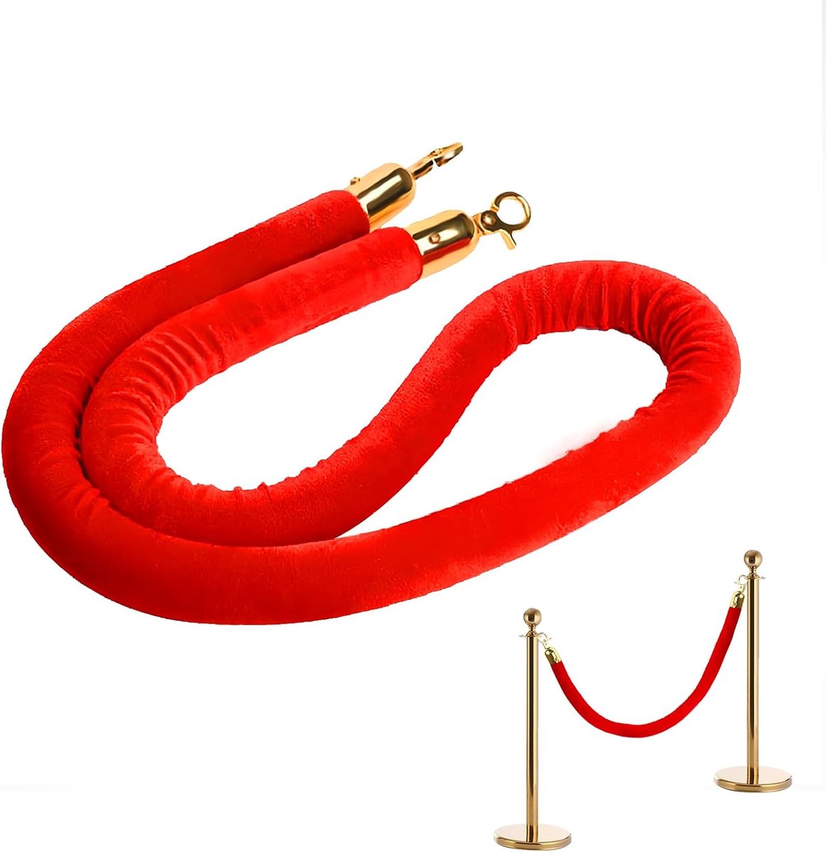 Dailygoods- Barrièretouw Fluweel 150 cm - Wachtrijverdeler - Scheidingstouw - Antislip Haken - Rood - Gouden Haken - Wachtrijtouw