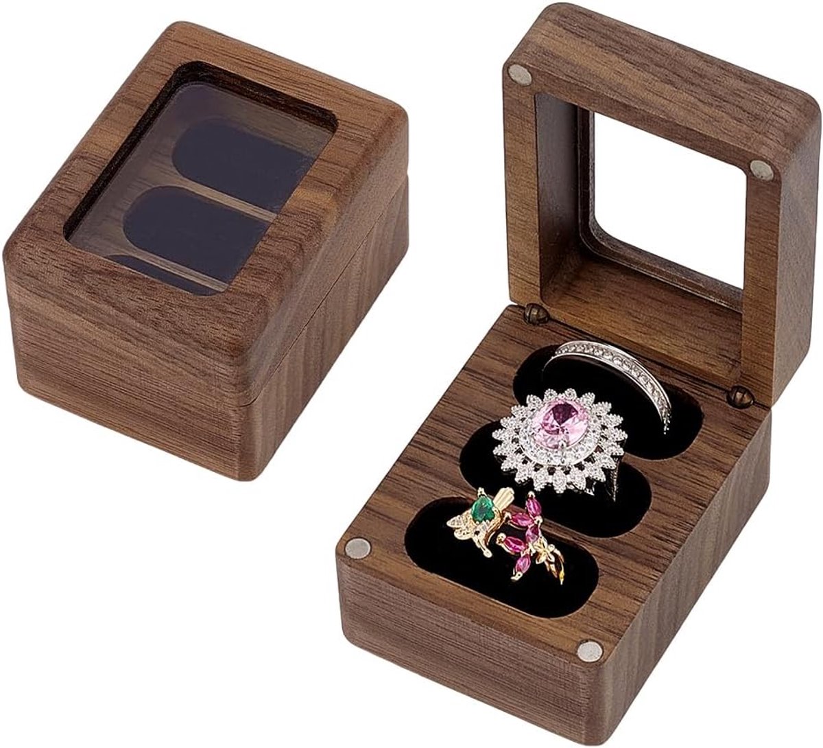 Dailygoods- Ringdoos Elegant Ontwerp - Houten Ringdoos - Ringdoos Huwelijksaanzoek - Ringdoos Bruiloft - Ringdoos met Glazen Deksel - 3 Ringen Opslag
