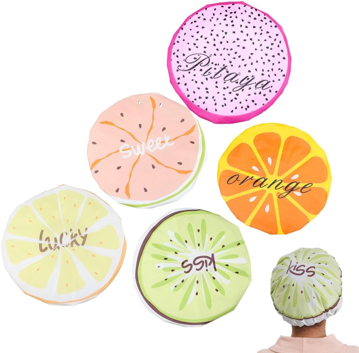 Dailygoods- Douchemuts Waterdicht - 5 Stuks - Meerkleurig Fruitpatroon - Herbruikbare Douchemutsen - Kunststof Badmuts - Lichtgewicht en Draagbaar