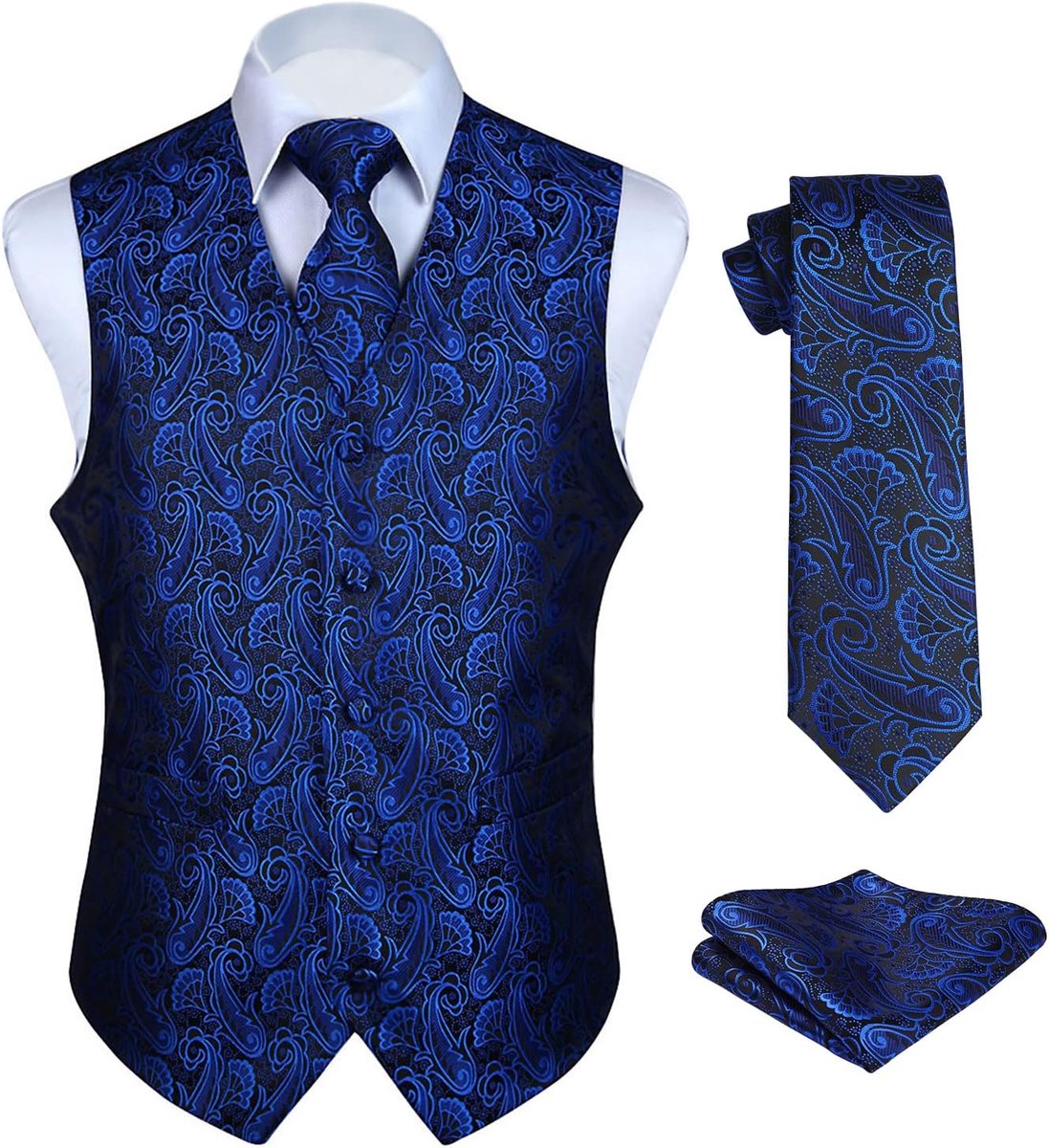 Gilet voor heren, paisley-gilet voor bruiloft, stropdas, pochet, bloemenpatroon, jacquard feestpak, set met gilet