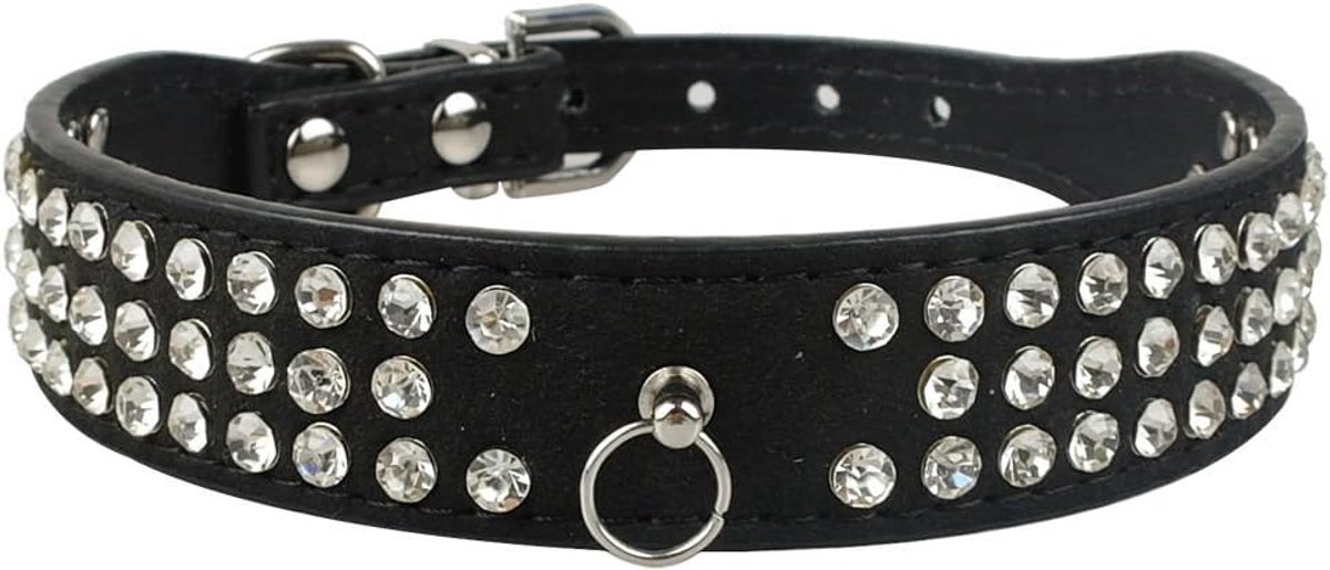 schattig schitterende sprankelende elegante Fancy suède leer 3 rijen Bling strass kristal juwelen kleine huisdier kat hond puppy kraag, S, Zwart