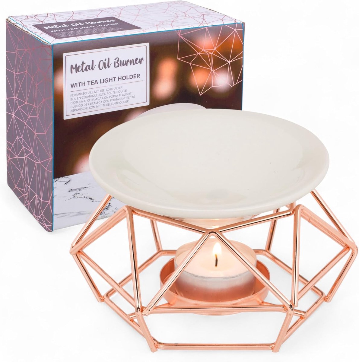 Dailygoods- Geurlamp met keramische schaal - Aromatherapie-diffuser - Theelichthouder - Industrieel design - 12 x 8 cm - Zwart/roségoud - Geurbrander