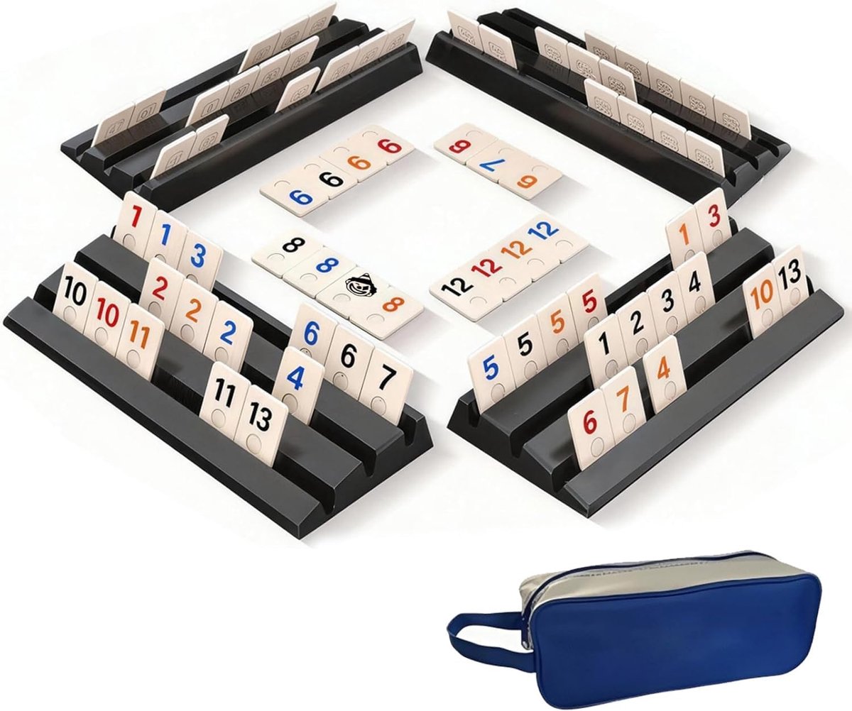 Rummy Cup Original met 112 speelstenen en 4 houten standaards
