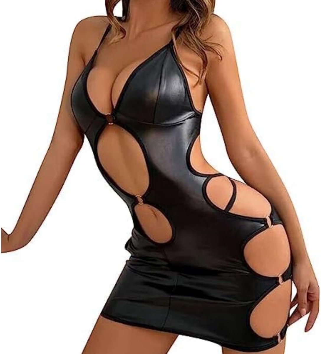 Leren damesjurk, sexy pu lakleer, mini-jurk, dessous, wetlook, latex, kunstleer, V-hals, korte jurk, mouwloze babydoll, curvy, uitgehold body's, partyjurk, clubwear, outfit, grote maten