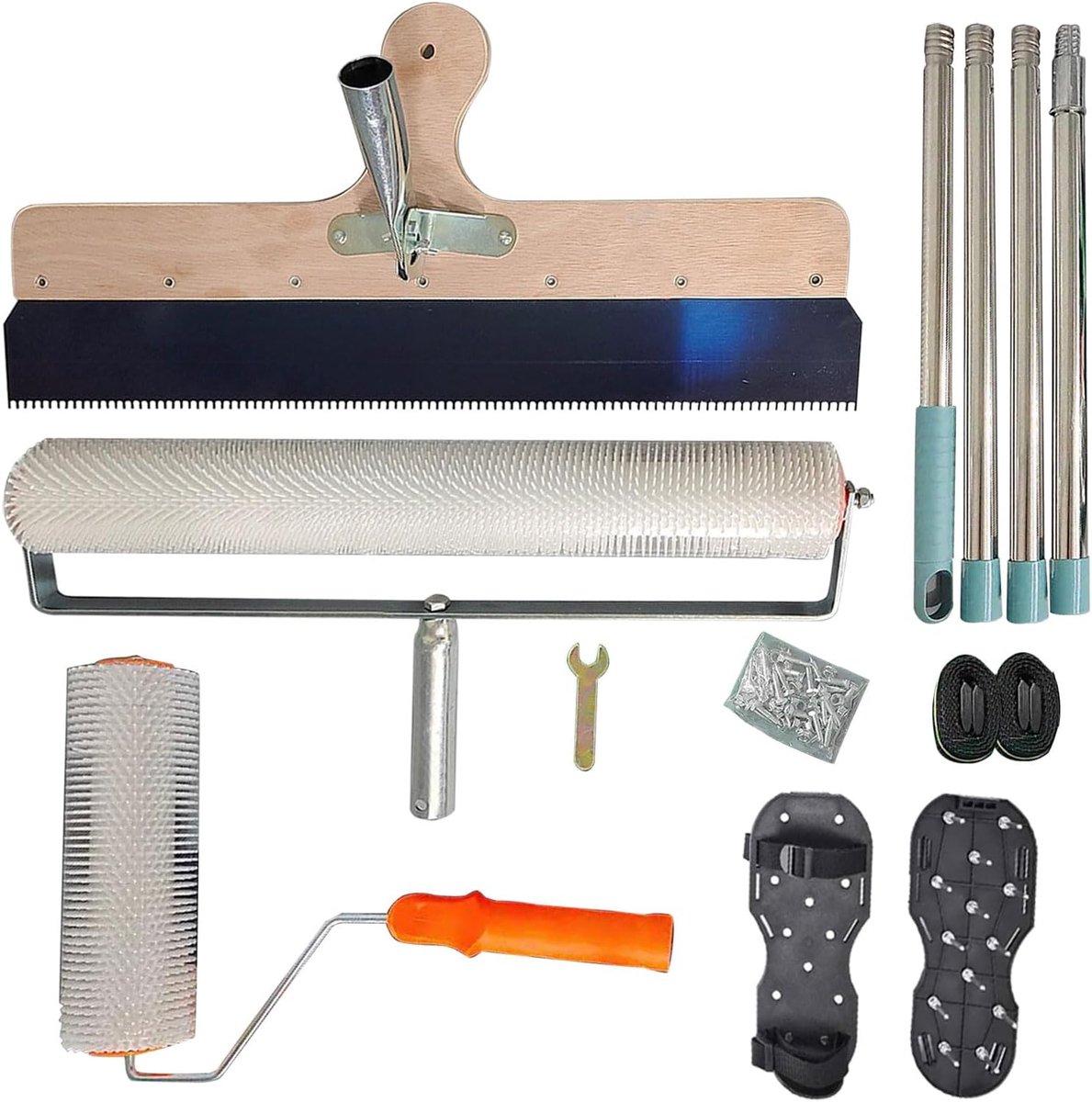 Cementgereedschapsset, inclusief 9 inch ontschuimmingsborstel, 50 cm ontschuimmingsborstel, houten schraper, nagelschoenen, afneembare 1,6 m stang