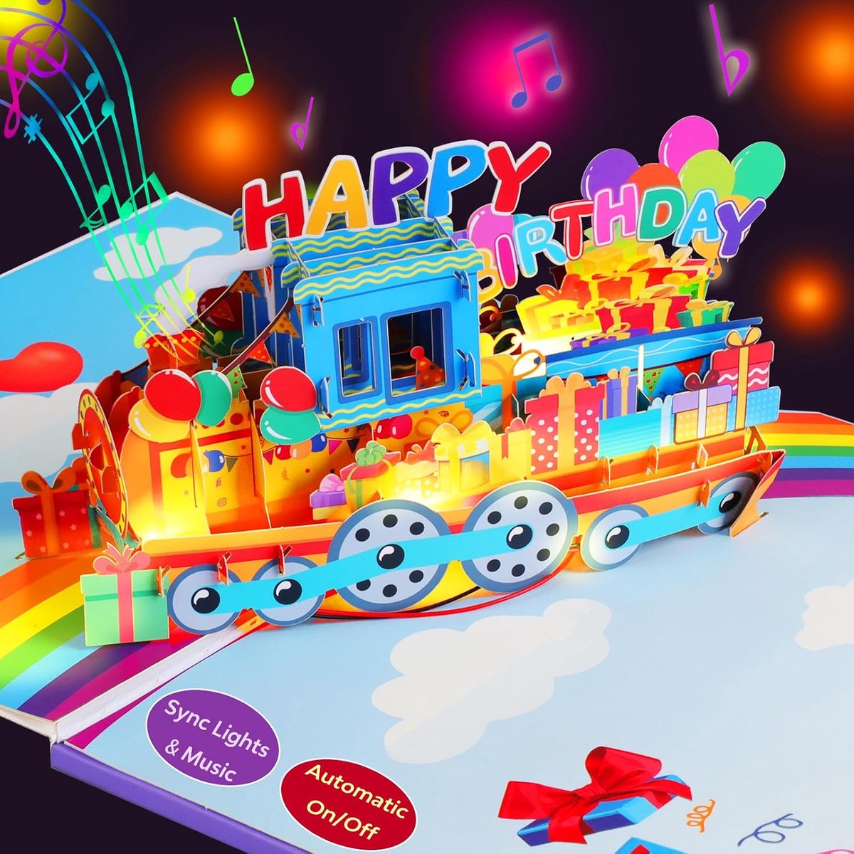 Ants 3D trein pop-up verjaardagskaart met muziek en licht, muzikale Happy Birthday-kaart voor kinderen, vrienden en familie, speelt Happy Birthday-liedje, voor feesten