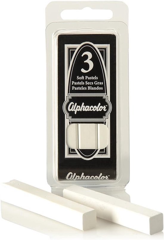 Verpakking met drie witte Alphacolor soft pastels, plus twee witte krijtjes op de voorgrond.