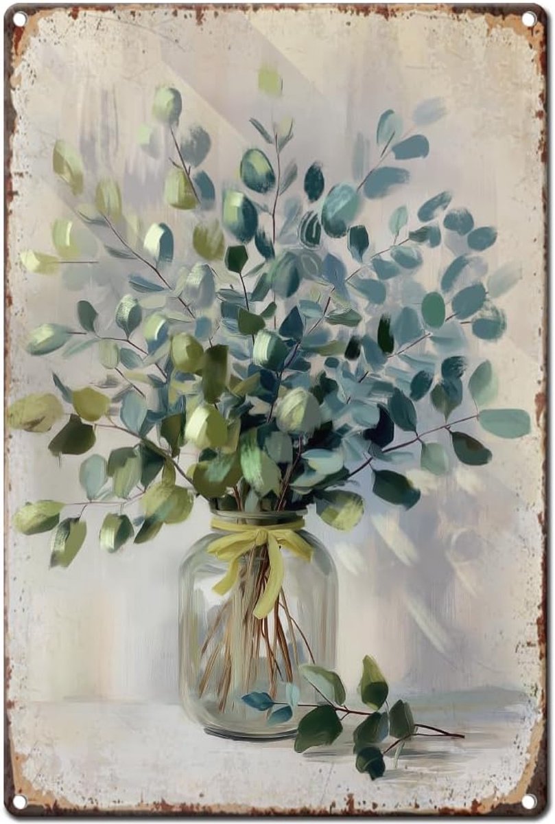 Metalen tinnen bord met vintage bloem, 20 x 30 cm, retro eucalyptusbladeren, roestige look, groene flora-bladeren, poster voor kamer, tuin, tuin, huis, balkon, winkel, wanddecoratie