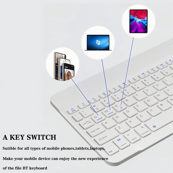 Wit toetsenbord met icoontjes van een telefoon, laptop en tablet, die de compatibiliteit van het toetsenbord aangeven.