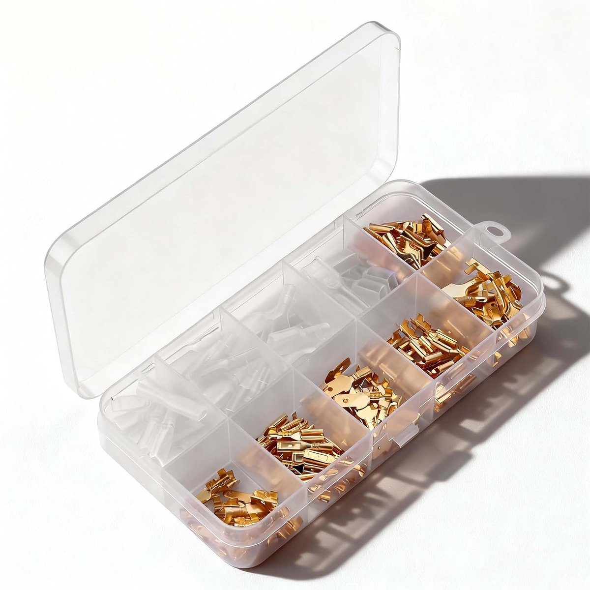 krimp-klemmenset - maten 2,8 mm, 4,8 mm, 6,3 mm | 15 sets met inzetstukken, veren en PVC-hulzen | Europese standaard, transparante, onderverdeelde doos, gewicht ca. 70 g