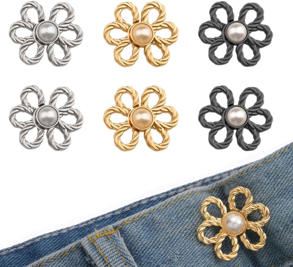 Knopen voor jeans, 6 stuks in bloemblaadjesvorm, zonder naden, voor het aantrekken van de taille van jeans, broeken en rokken.