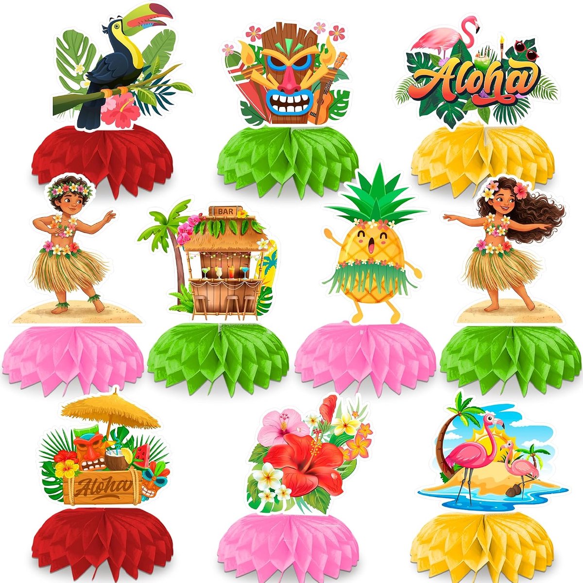 10 stuks Hawaï-feestdecoratie, Hawaii tafeldecoraties met aloha, ananas, hibiscus, flamingo's, papegaaien, voor Aloha, tropische zomerdecoratie