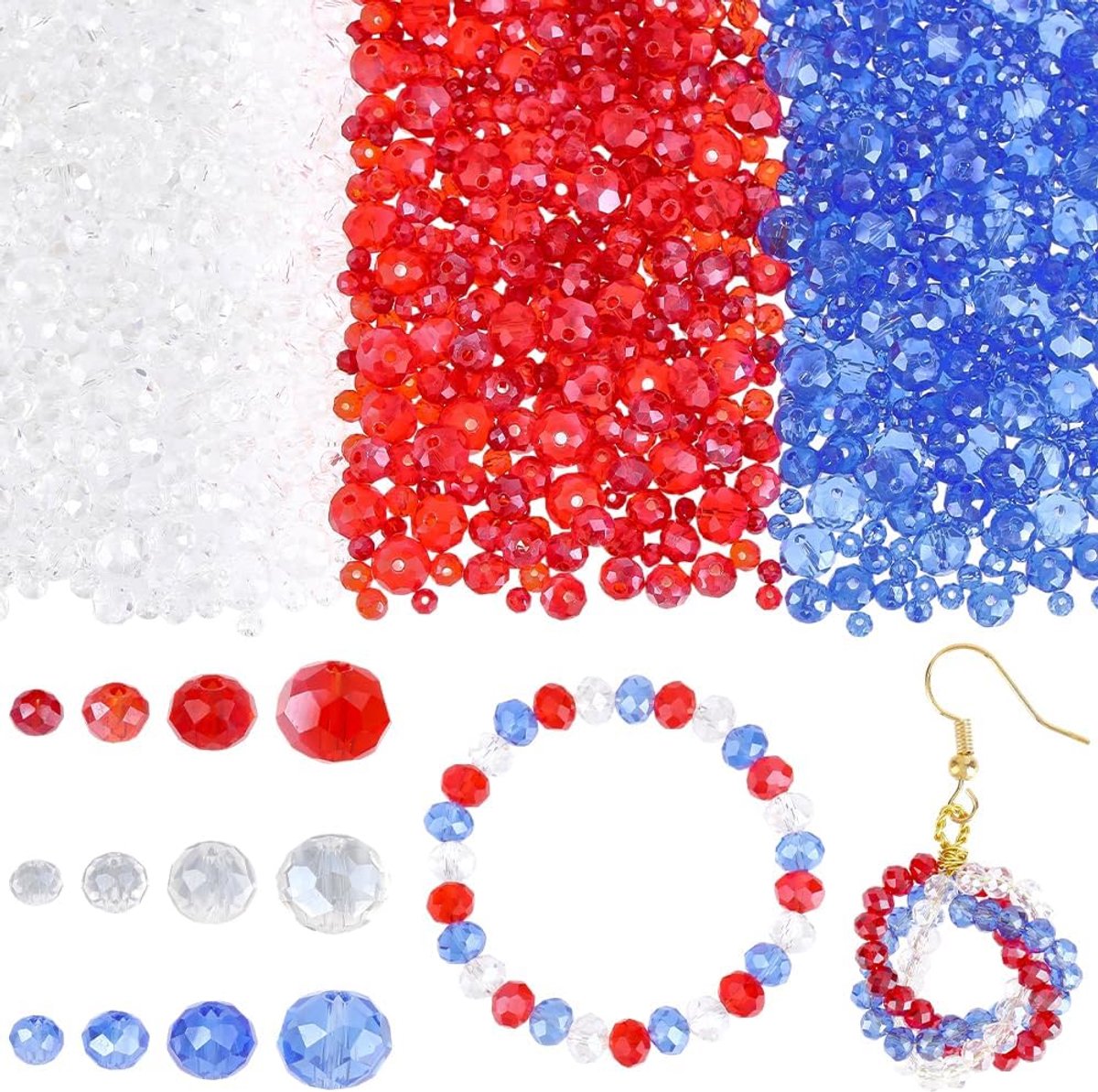 1 Box 1365PCS Gefacetteerde Rondelle Glaskralen met gaten Briolette Rood Blauw Transparante Patriotische Elektroplaat Spacer Losse kralen bedeldraad voor sieraden maken Onafhankelijkheidsda