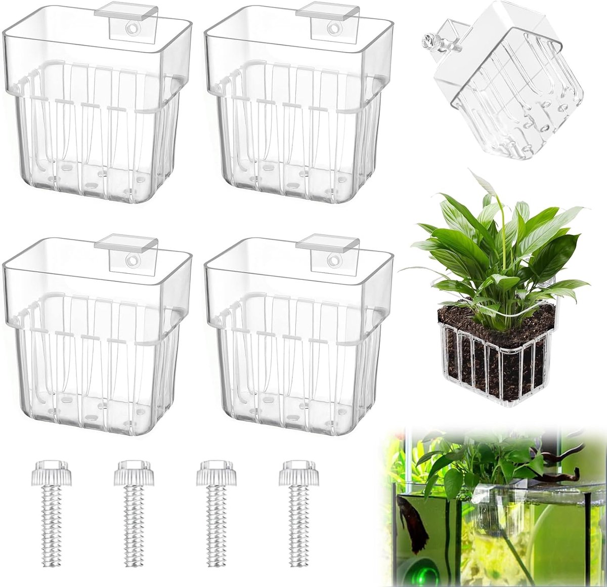 4 stuks aquarium plantenhouders, transparant met gaten, plantenmand, aquarium, hangende plantenpot, aquarium, hydrocultuur-plantenmanden, geschikt voor bevestiging van hydrocultuurplanten