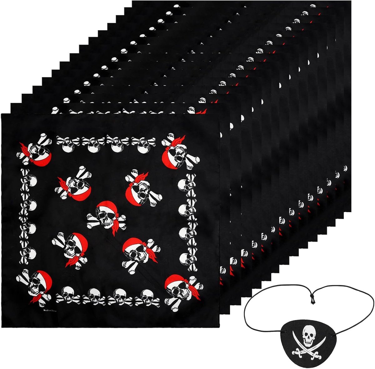 15 stuks piratendoek, doodshoofd, piraten-bandana en 15 stuks piraten-oogklep