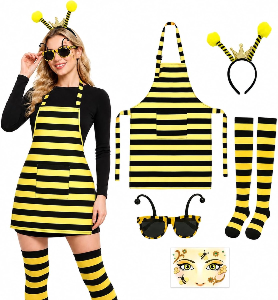 Set van 4 schort en dwergkegel, krijtschorten voor volwassenen, grappig kostuumschort met hoed, sok voor Halloween, carnaval, cosplay (bijen)