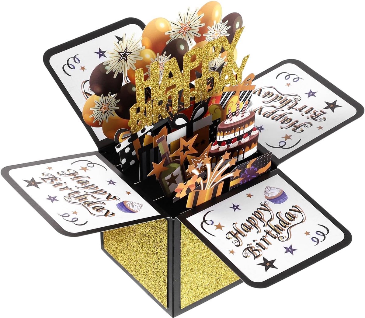 pop-up, Happy Birthday-kaart met envelop, 3D-opvouwbaar, cadeaukaart voor verjaardag, wenskaart voor vrouwen, mannen, dochter, zoon, mama, papa, vrienden, zwart