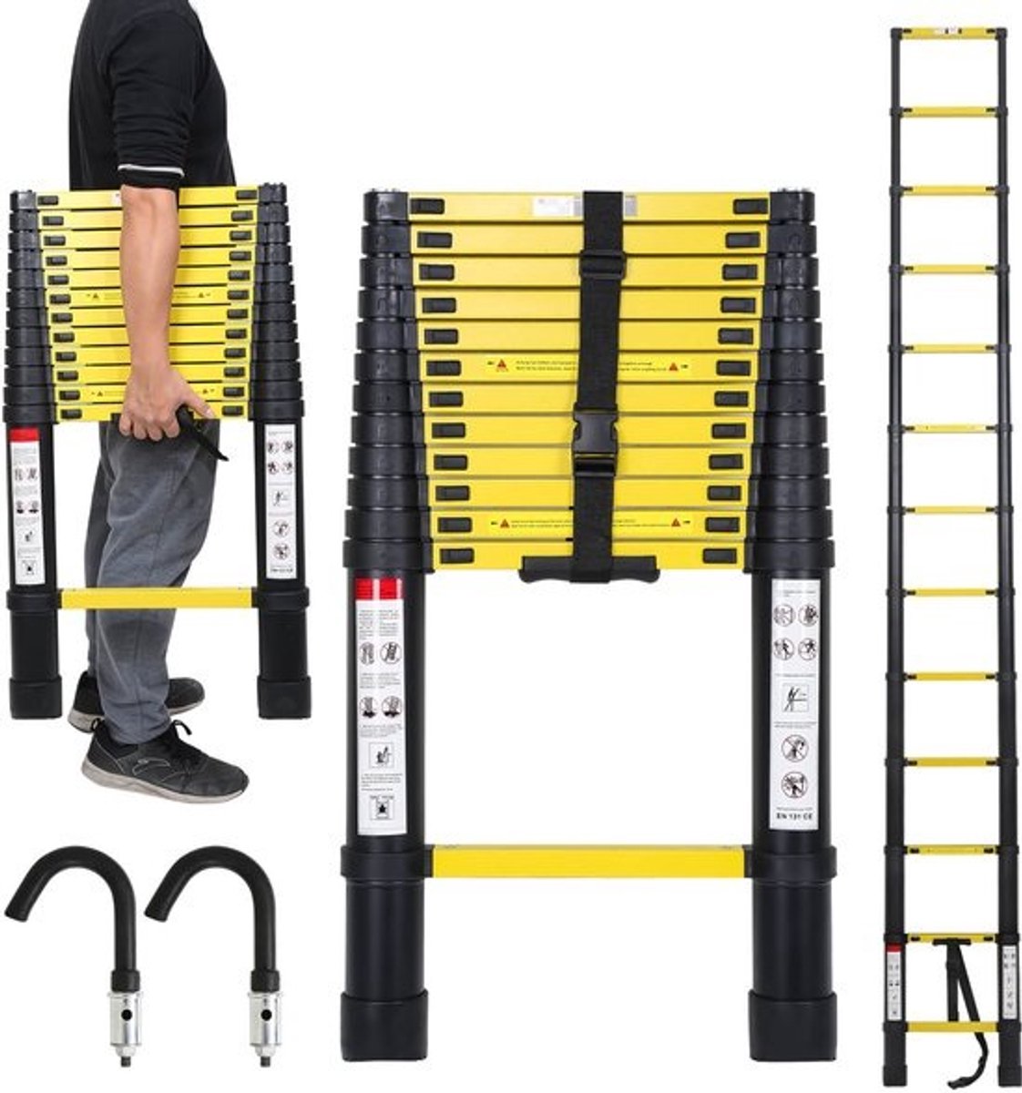 Telescopische Vouwladder - Telescopische Ladders - Soft Close - Werkhoogte 3,8 m -geel zwart met haak