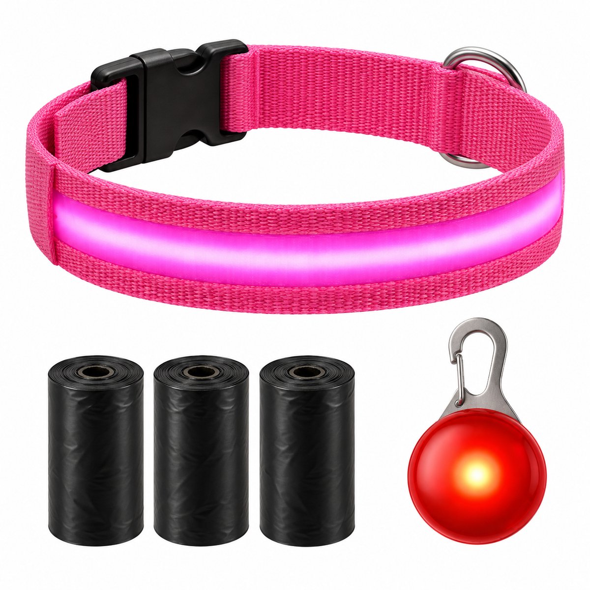 Professor Q LED Halsband Hond - Roze XL (42–56 cm) - Rood LED Lampje + 45 Poepzakjes - Nylon USB Oplaadbaar