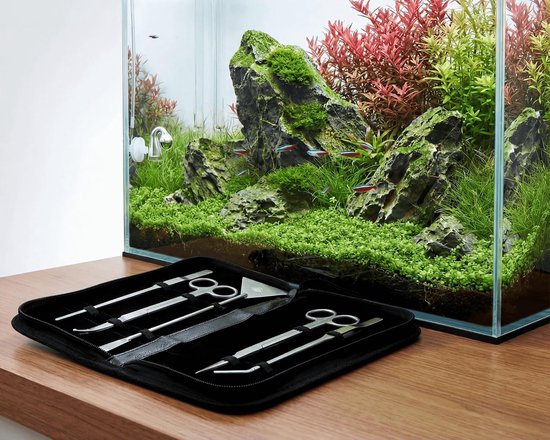 Aquascaping Set zilver | 5-delige gereedschapsset van roestvrij staal | schaar recht en gebogen, pincet recht en gebogen, kiezelspatel | voor aquaria en nanoaquaria | zilver gereedschap — afbeelding 3