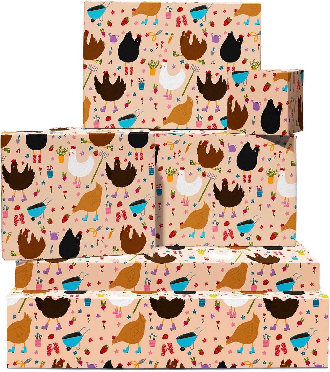 Inpakpapier - 6 vellen cadeauverpakking voor vrouwen - tuinieren kippen - boerderijdier - grappig inpakpapier voor plantenliefhebbers - recyclebaar - door Central 23