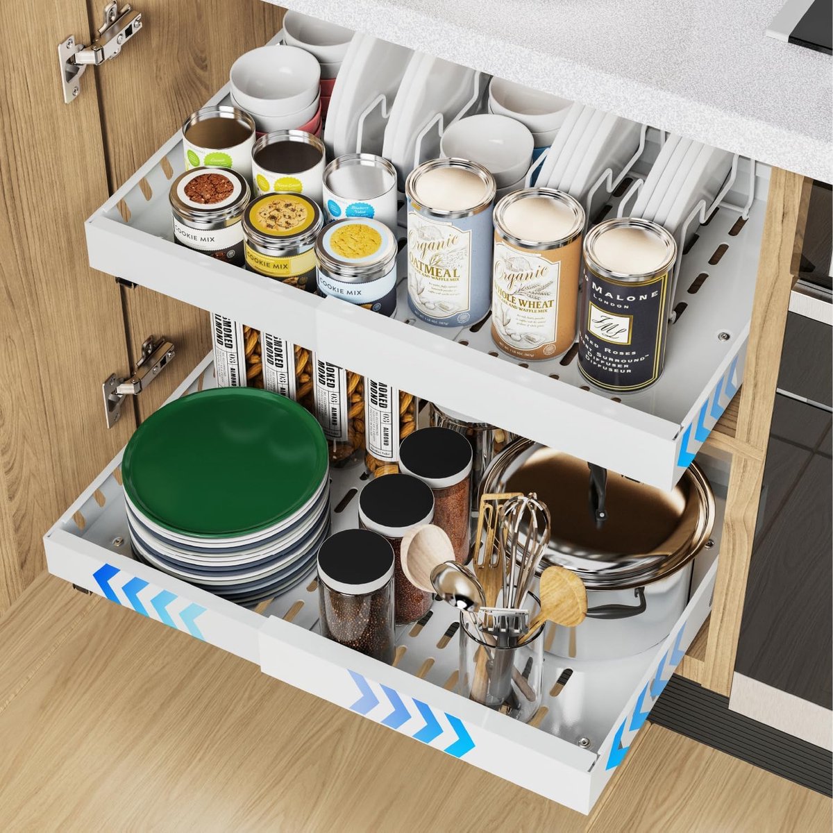 Uittrekbare kastorganizer met kleefoppervlak, 53 cm diepe laden voor keukenonderkasten, 8 servieshouders, verstelbare breedte 32 - 53 cm