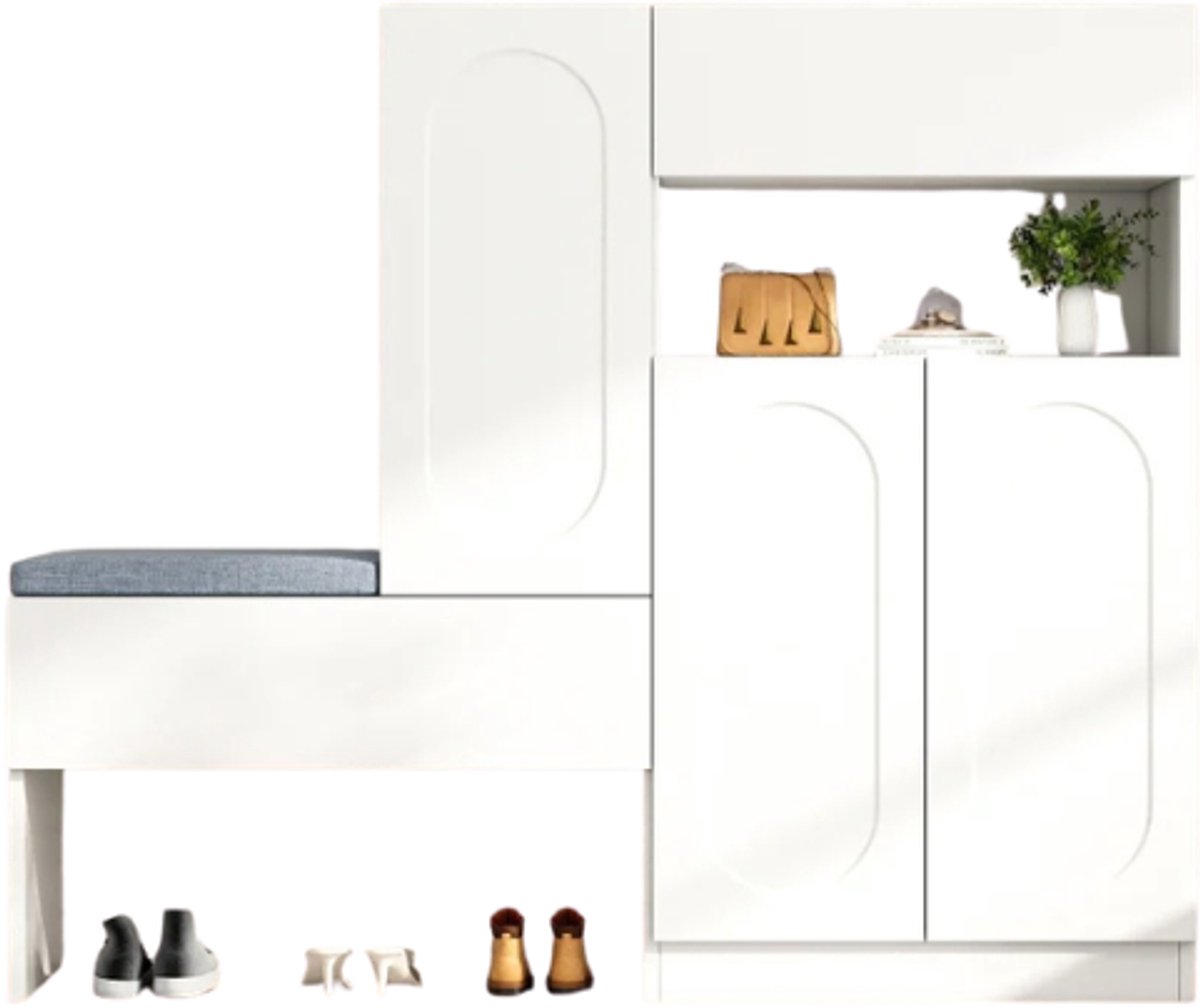 Emvae Schoenenkast - Halban - Entree kast - met Zitbank - Schoenenbank - Soft-Close Deuren - 130 x 35 x 110 cm - Spaanplaat - Wit