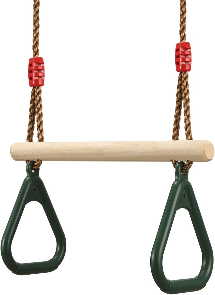 Multifunctionele houten trapeziumschommel voor kinderen, met kunststof turnringen om op te hangen, belastbaar tot 160 kg, groen