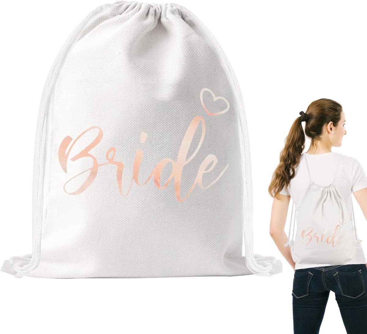 Gymtas, rugzak voor bruid team bruid, canvas, vrijgezellenfeest, stoffen tas met trekkoord, bruidsmeisje, accessoires, cadeau voor vrijgezellenfeest, bruidsfeest, wit, 37 * 46CM