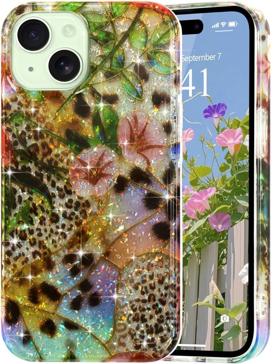 Hoes voor mobiele telefoon voor iPhone 14/13, esthetisch bloemencollagepatroon, bloemendesign, dunne hardcase met glitter gekleurde folie, transparante beschermhoes voor iPhone 14/13