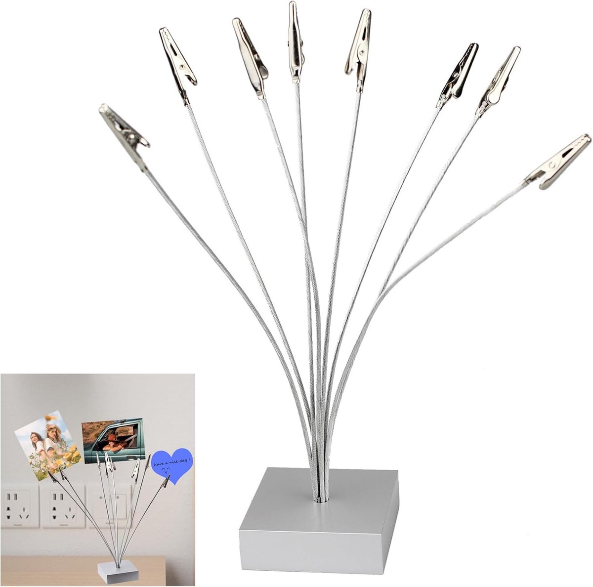 Memo-cliphouder, memohouder met 8 krokodillenklemmen, memoclip voor kantoor, metalen fotohouder, voor foto's, notities, afbeeldingen, ansichtkaarten en papier, zilver