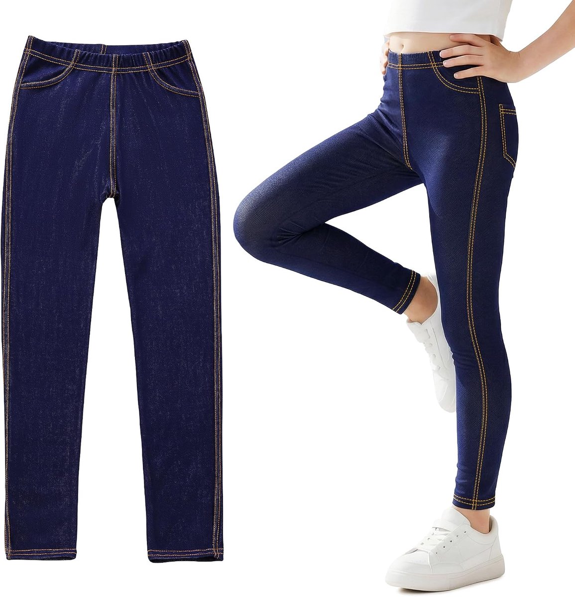 Leggings voor Meisjes, Jeans-look Sport Jeggings Hoge Taille Lange Broek Slim Fit Elastisch Sportbroek met Zakken School Dagelijks Outdoor voor Meisjes 6-13 Jaar