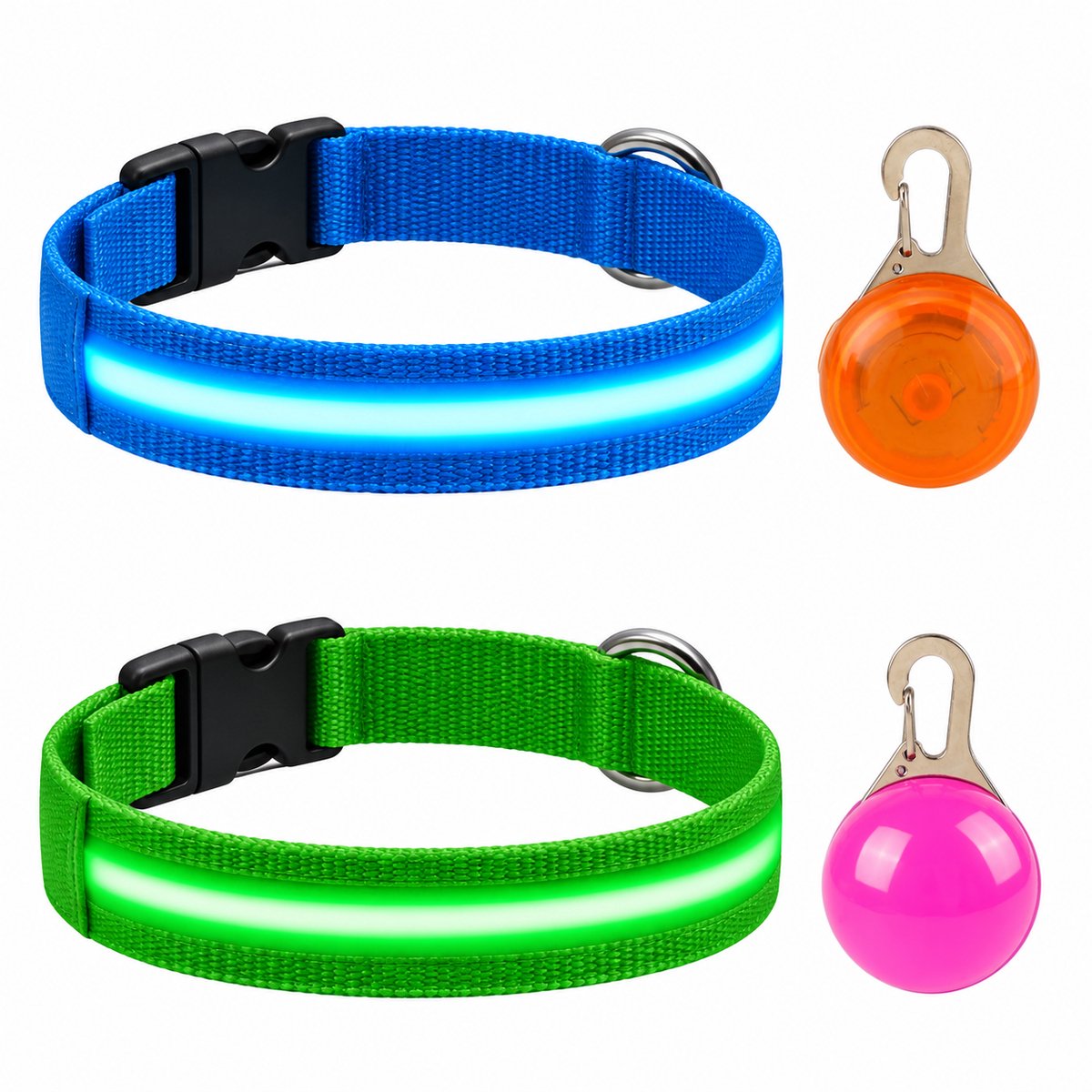 Professor Q LED Halsband Set Hond - Blauw/Groen XL (42–56 cm) - 2 Halsbanden + 2 Lampjes - Nylon USB Oplaadbaar