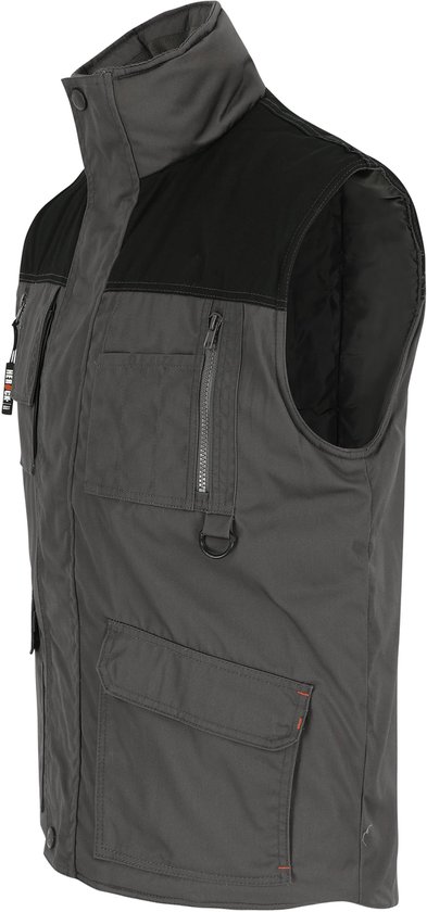Grijze bodywarmer met zwart bovenpand, staande kraag en diverse zakken.