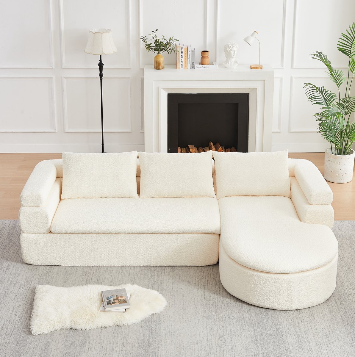 COVREO Hoekbank met chaise longue – 260x170x65 cm – 3-zits zitmeubel met chenille bekleding – Voor woonkamer en kantoor – Beige