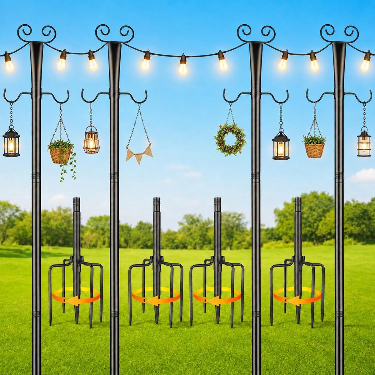 4 Pack Lichtsnoer Houder Buiten, 2,7M/9FT Lichtslingerpalen, Lichtketting Palen met Vork en Afneembare Haak, Metalen Palen voor Terras, Tuin, Deck, Bruiloft, Feest, Kerstmis