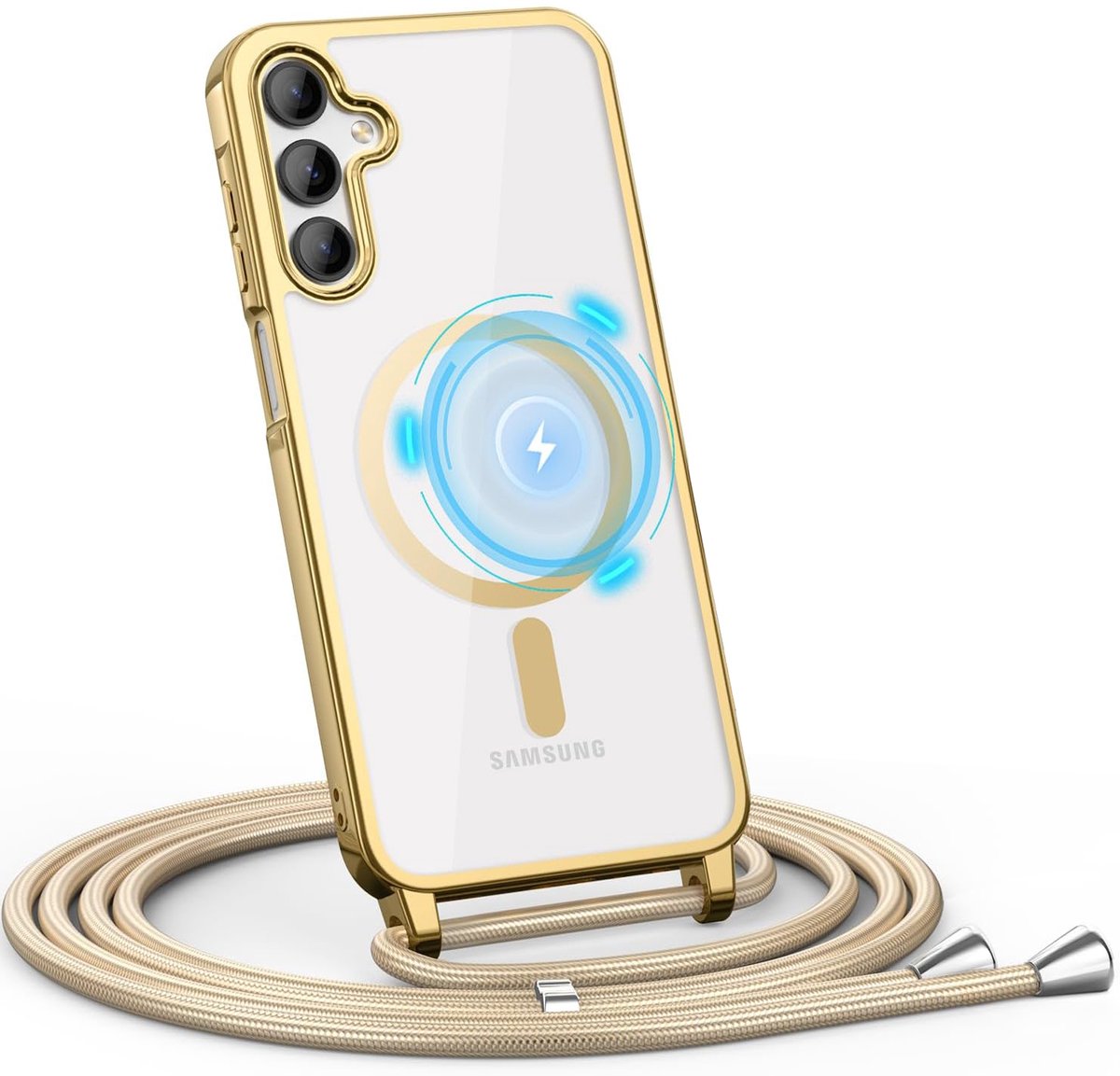 Casemania Hoesje Geschikt voor Samsung Galaxy S26 FE - Goud - Siliconen Back Cover met Koord - Geschikt voor MagSafe - Telefoonhoesje met Koord - Crossbody Lanyard Cord Case