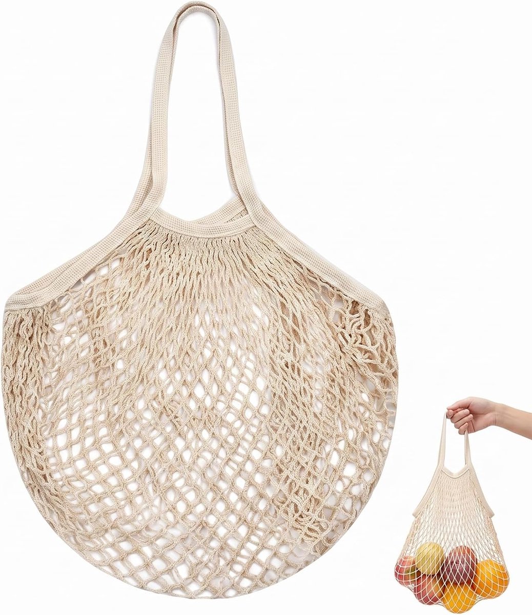 Strandtas van katoenen net, 35 x 65 cm, nettas voor strand en zwembad, milieuvriendelijke en duurzame nettas, herbruikbare draagtas voor winkelen en vrije tijd, beige (1 stuk)