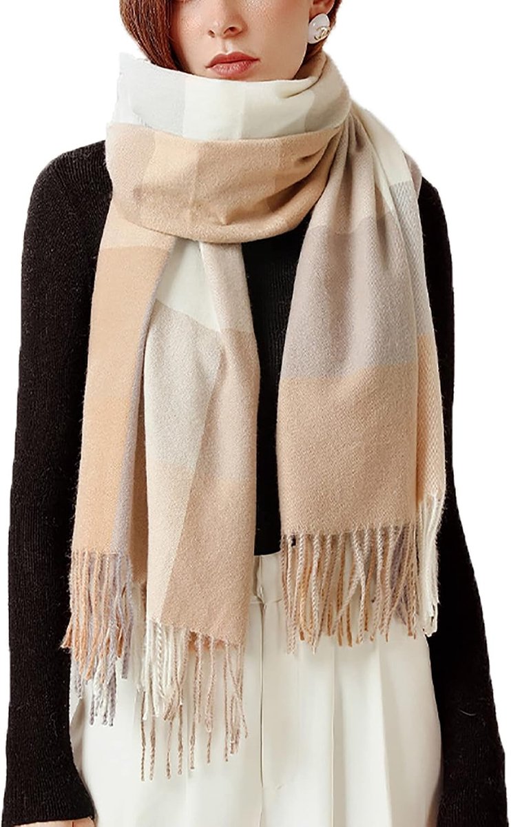 Dames sjaal XXL warme zachte gebreide sjaal geruite wintersjaal herfstsjaal wollen sjaal vrouwen dekensjaal halsdoek poncho cape, beige