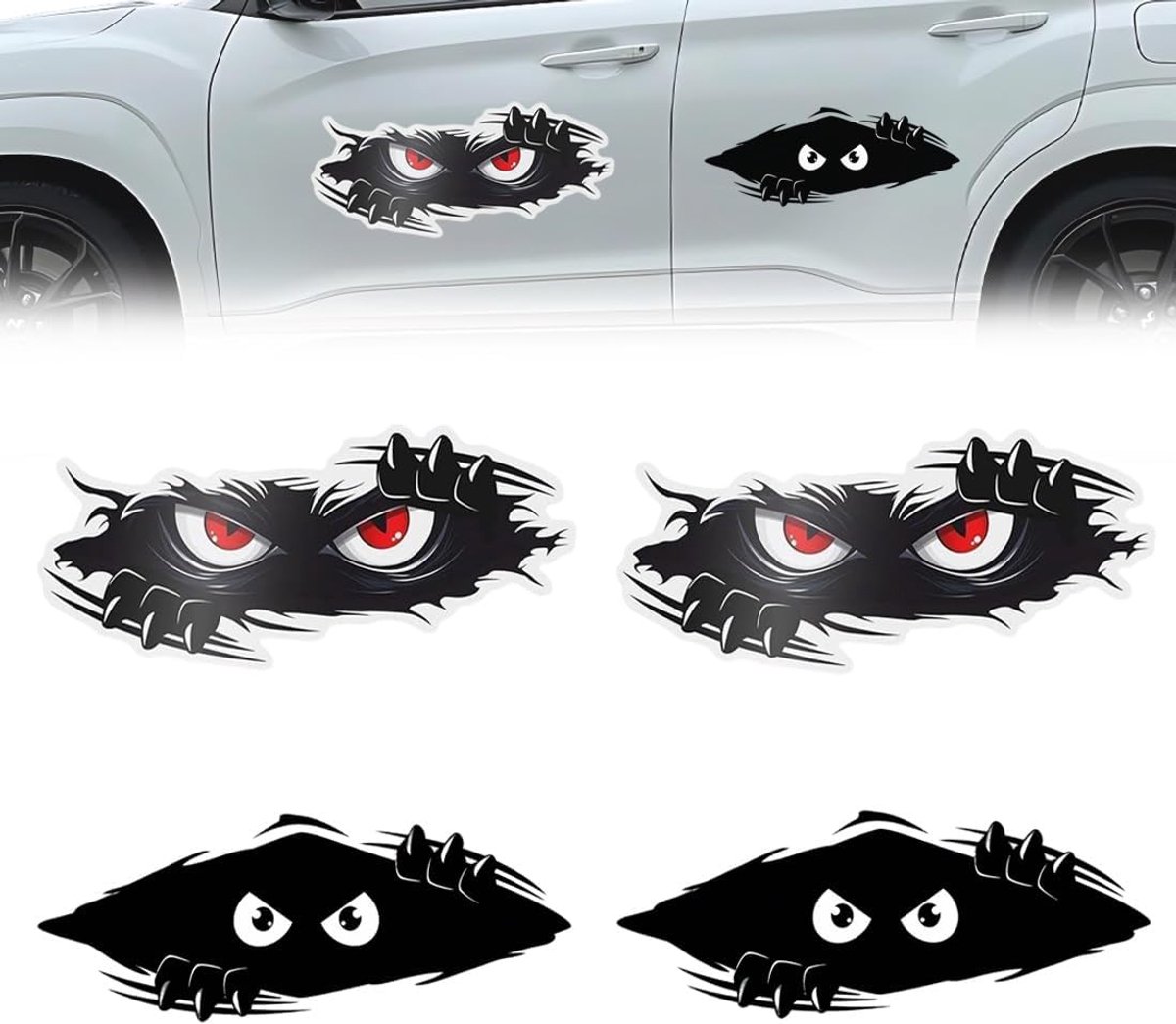 4 stuks 3D autostickers grappig peeking monster cartoon autostickers peeking monster enge ogen autosticker peeking elf waterdichte autosticker glimlach en anker autosticker