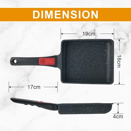 Pan voor omelet, Japans, antiaanbaklaag, voor Tamagoyaki, met afneembaar houten handvat, 19 x 16 x 4 cm, rechthoekige eierpannen met siliconen spatel (zwart) — afbeelding 5