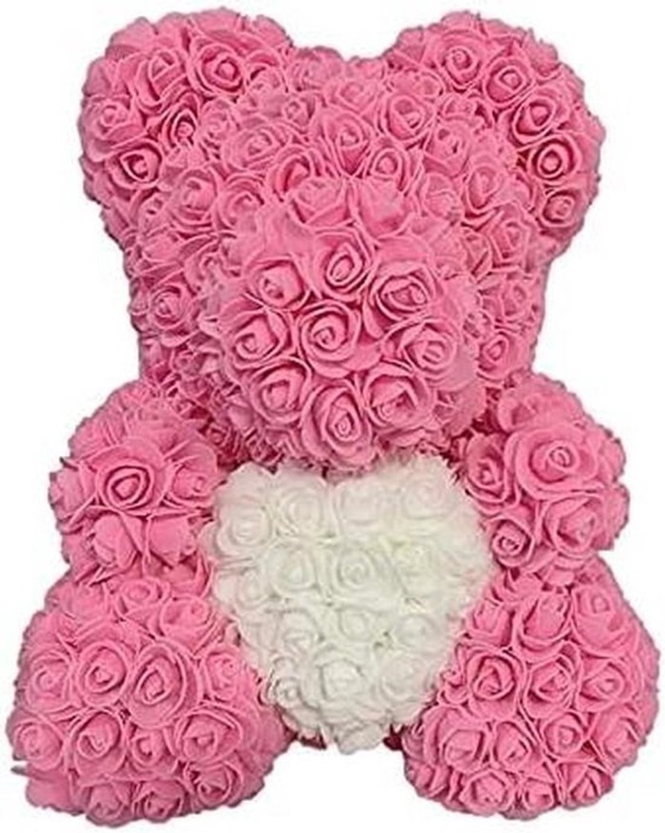 Roze beer - Bloemen beer - Cadeau geven - Handgemaakt - 35 cm - Roze