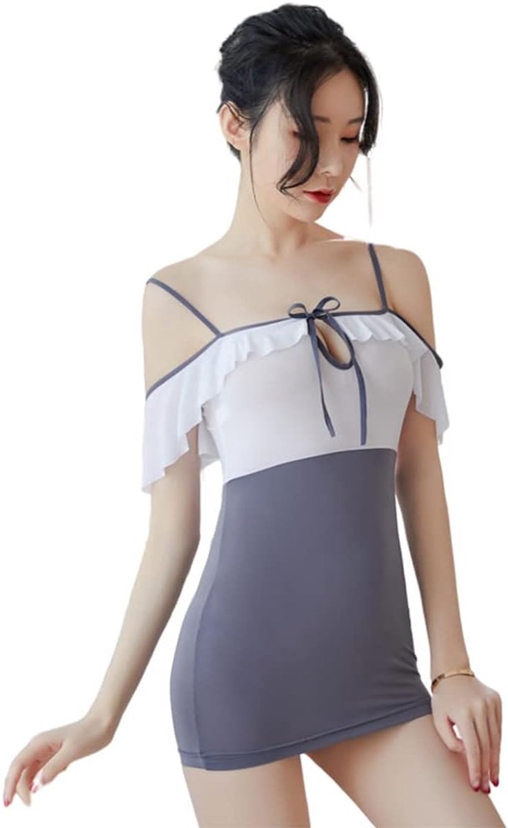 Sexy Sling Secretaris Cosplay Anime Jurk Holle Kant Off Shoulder Uniform (donkergrijs)