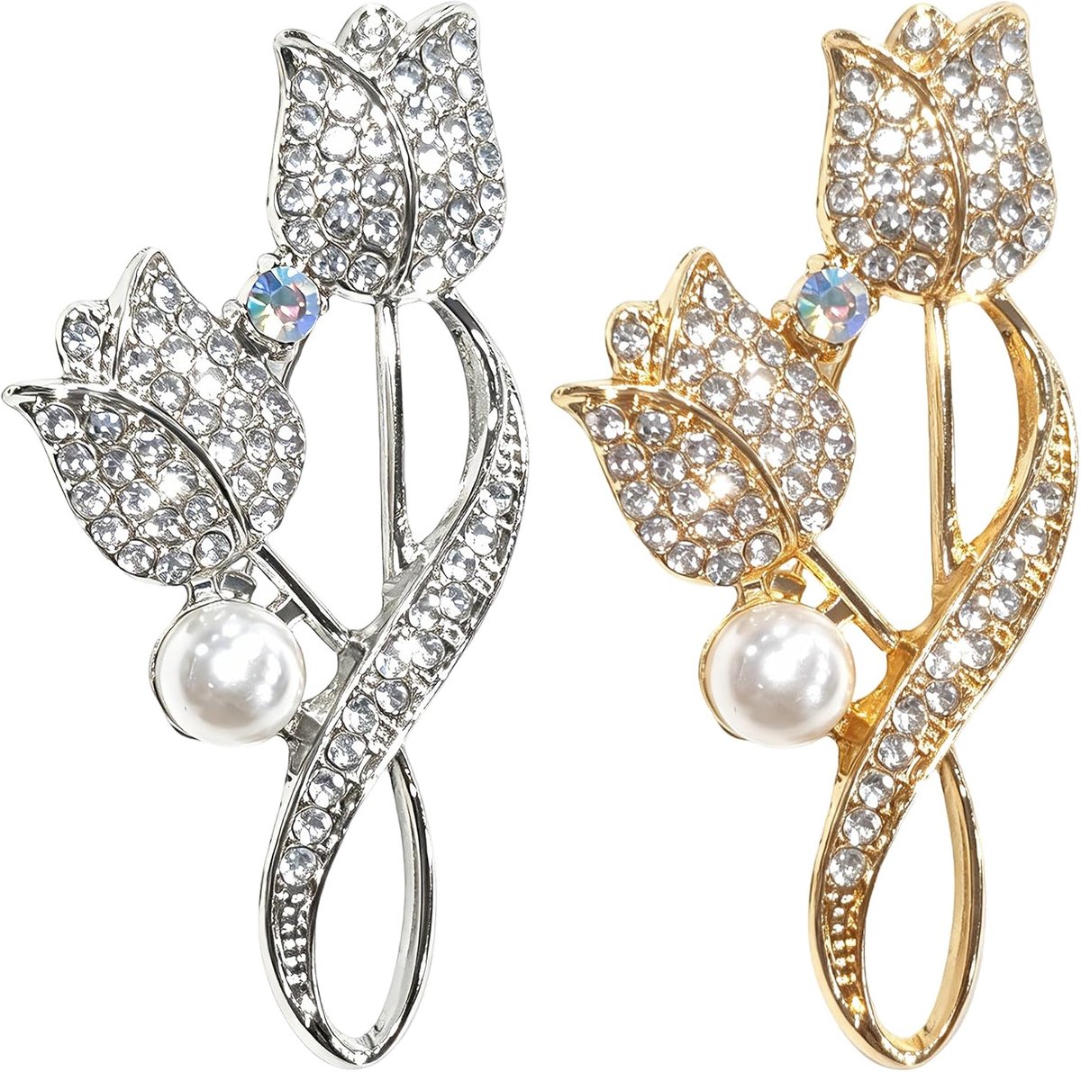 2 stuks broche dames, tulpen met zirkonia in goud en zilver, gouden damesbroche, elegant bloemensieradenaccessoire voor blazer, sjaal, mantel, jurk, broche voor kleding